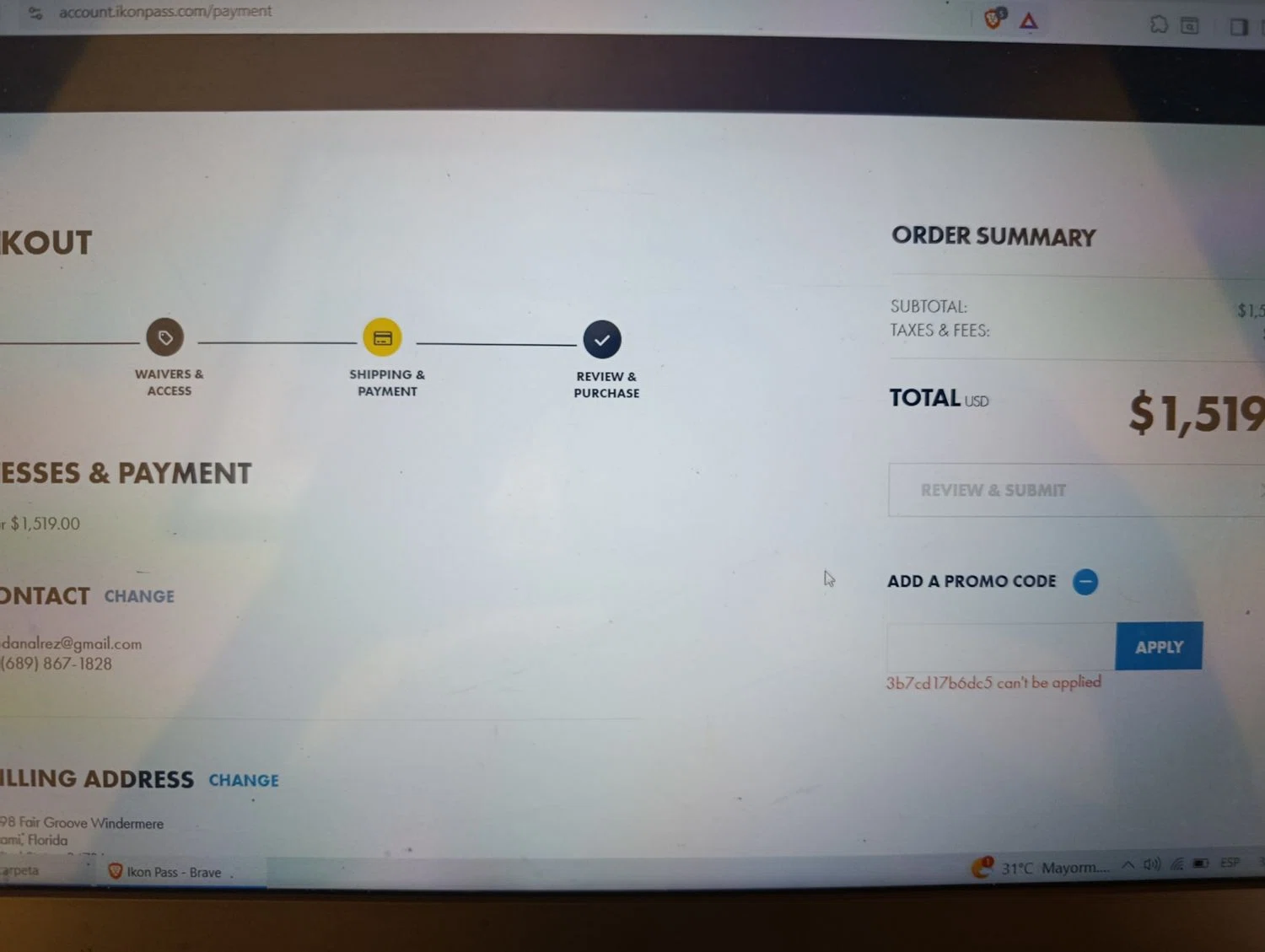 Ikon Pass promo code screenshot showing code 3b7cd17b6dc5 applied at Ikon Pass checkout page. Uploaded by SimplyCodes community member milegamcga on Oct 15, 2025