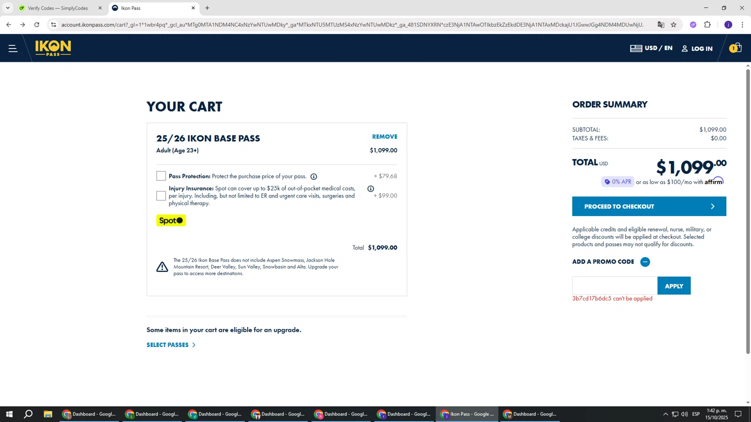 Ikon Pass promo code screenshot showing code 3b7cd17b6dc5 applied at Ikon Pass checkout page. Uploaded by SimplyCodes community member simplycodesssss on Oct 15, 2025