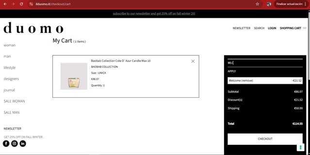 Il Duomo checkout page showing Il Duomo promo code box | Screenshot taken by SimplyCodes community member on May 9, 2025
