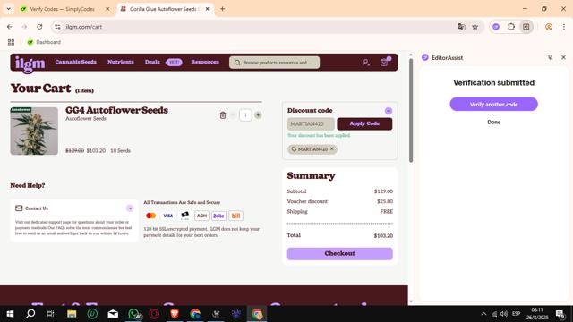 ILGM checkout page showing ILGM coupon code box | Screenshot taken by SimplyCodes community member on Aug 26, 2025