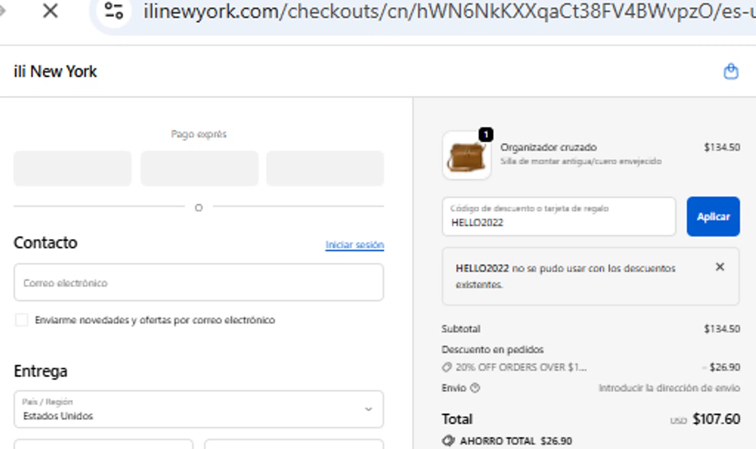 ili New York promo code screenshot showing code HELLO2022 applied at ili New York checkout page. Uploaded by SimplyCodes community member PennyOwl2559 on Dec 13, 2025