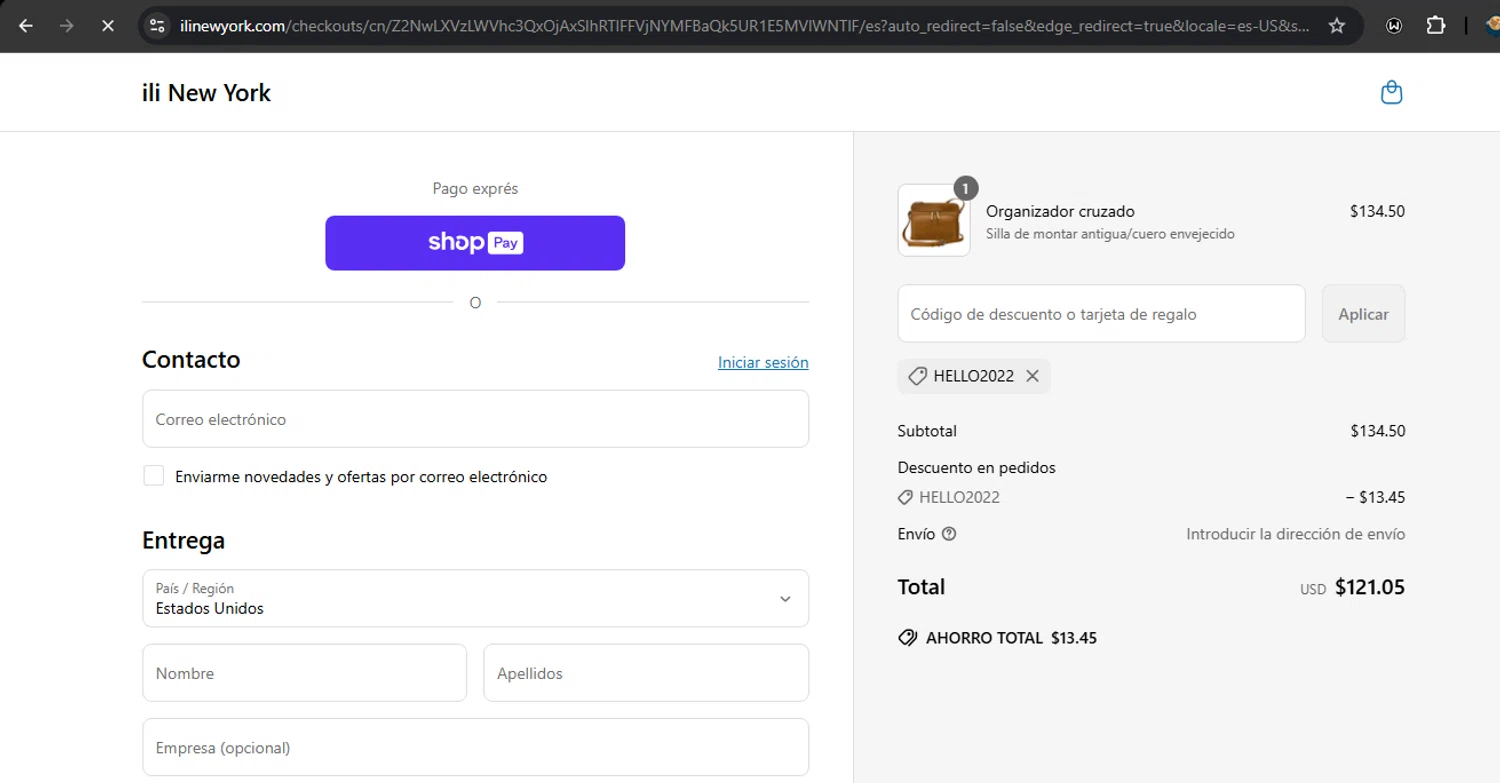 ili New York promo code screenshot showing code HELLO2022 applied at ili New York checkout page. Uploaded by SimplyCodes community member RoyalSpotter5217 on Jun 14, 2025