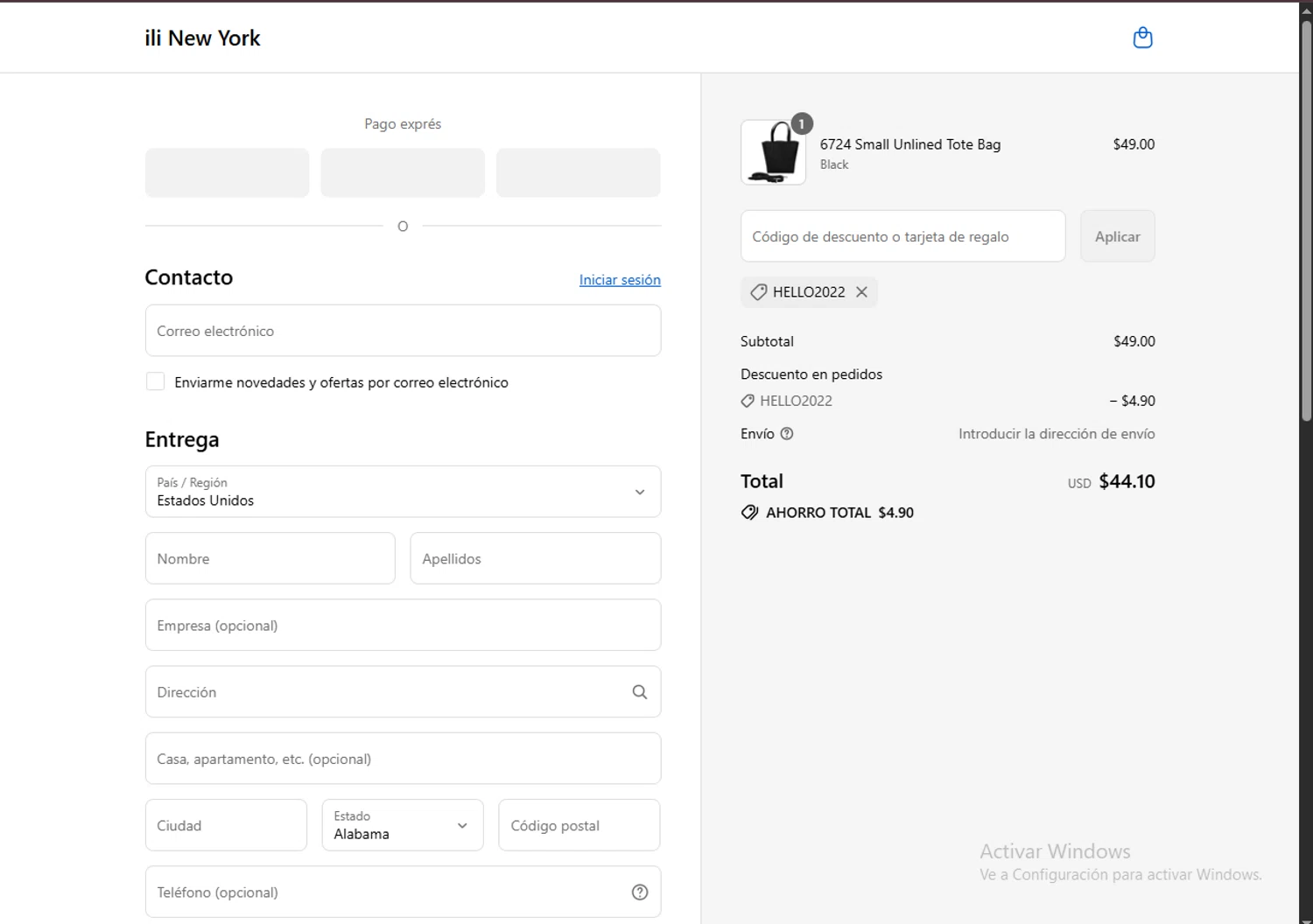 ili New York promo code screenshot showing code HELLO2022 applied at ili New York checkout page. Uploaded by SimplyCodes community member TreasureHero9595 on Aug 20, 2025