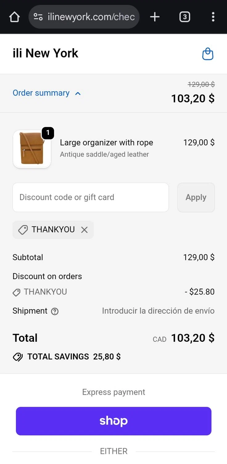 ili New York promo code screenshot showing code THANKYOU applied at ili New York checkout page. Uploaded by SimplyCodes community member ValiantCurator3344 on Sep 18, 2025