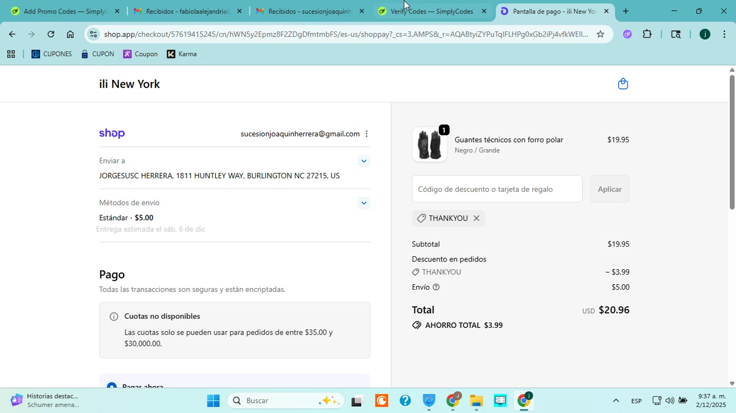 ili New York promo code screenshot showing code THANKYOU applied at ili New York checkout page. Uploaded by SimplyCodes community member jorgejavierherrera on Dec 2, 2025