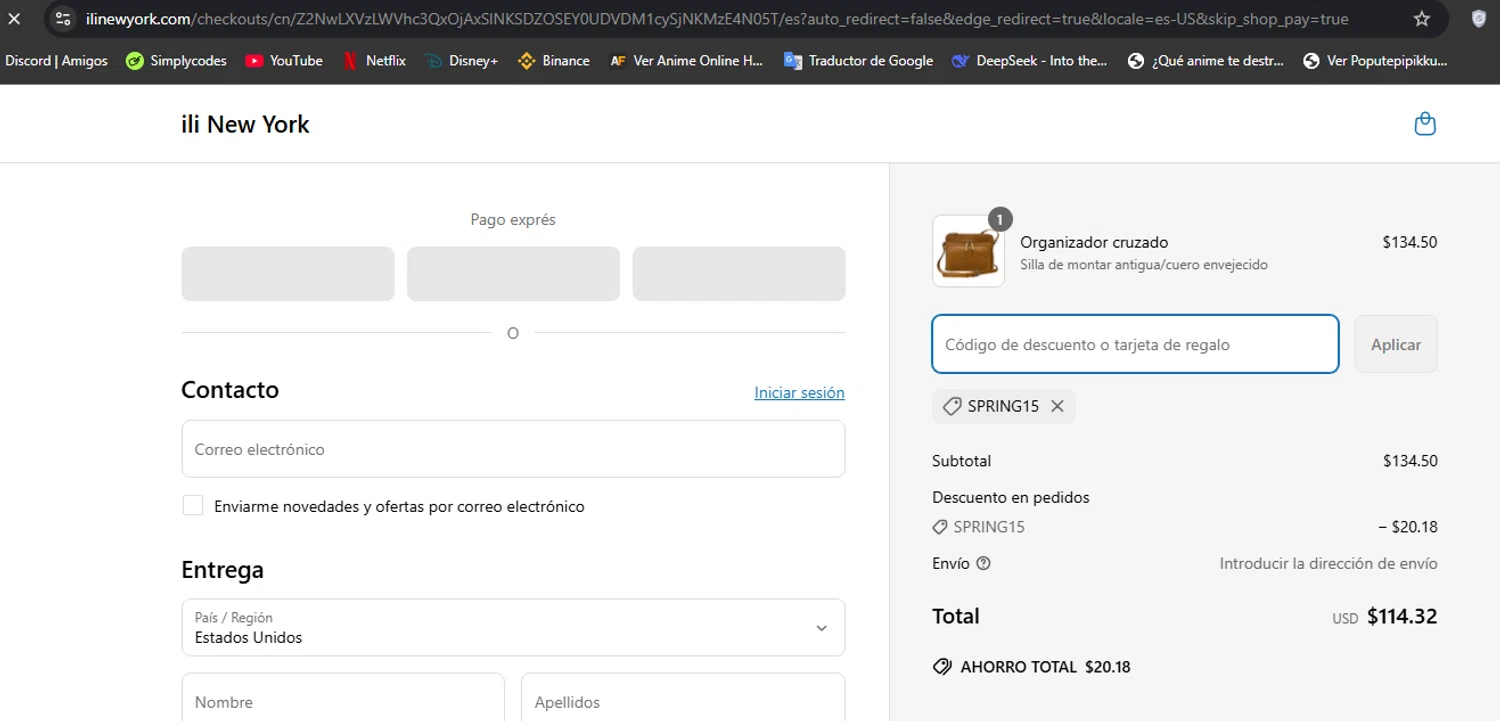 ili New York promo code screenshot showing code SPRING15 applied at ili New York checkout page. Uploaded by SimplyCodes community member Hisoka on Apr 23, 2025