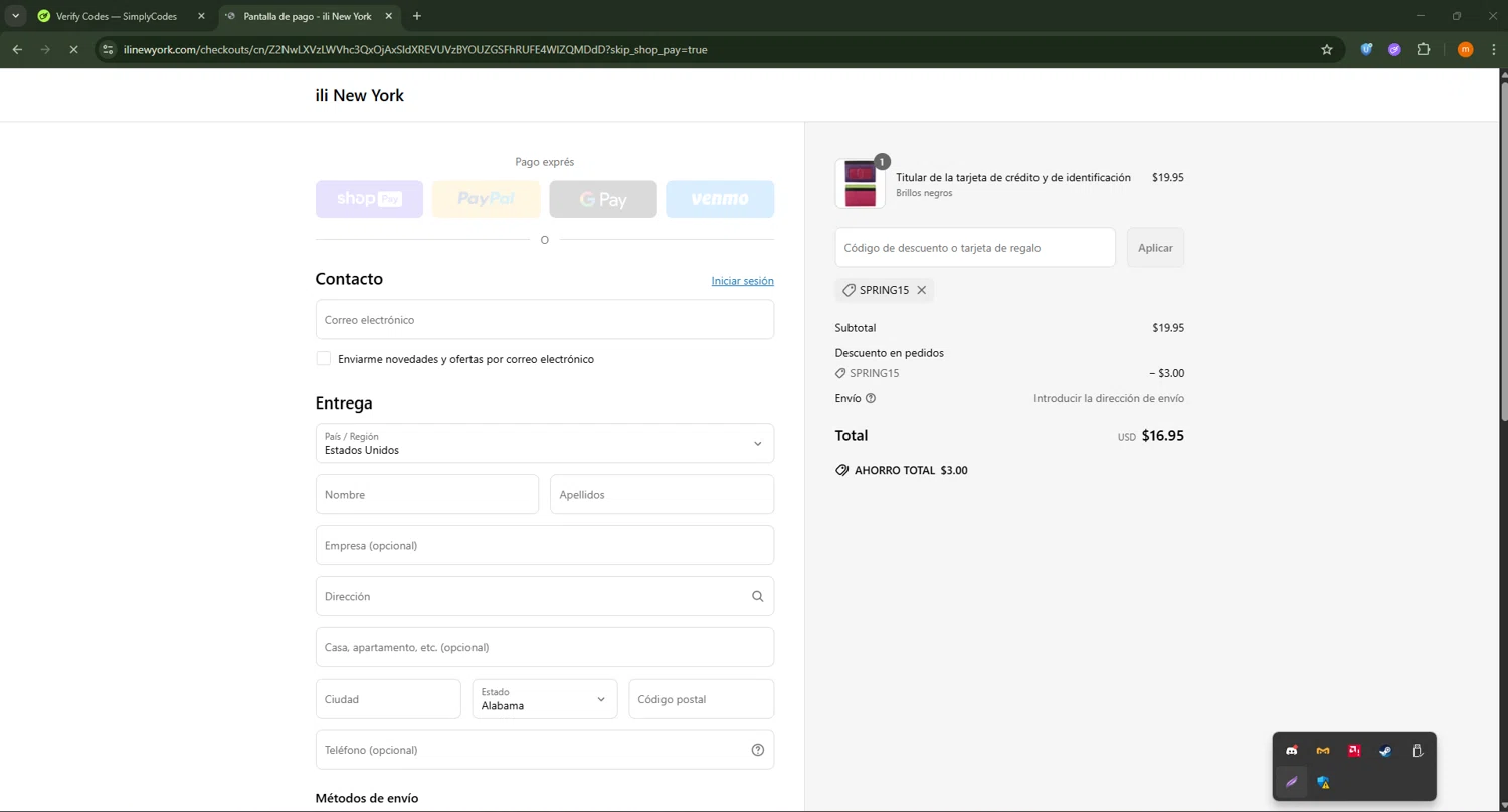 ili New York promo code screenshot showing code SPRING15 applied at ili New York checkout page. Uploaded by SimplyCodes community member Davoxeneixe on Jun 4, 2025