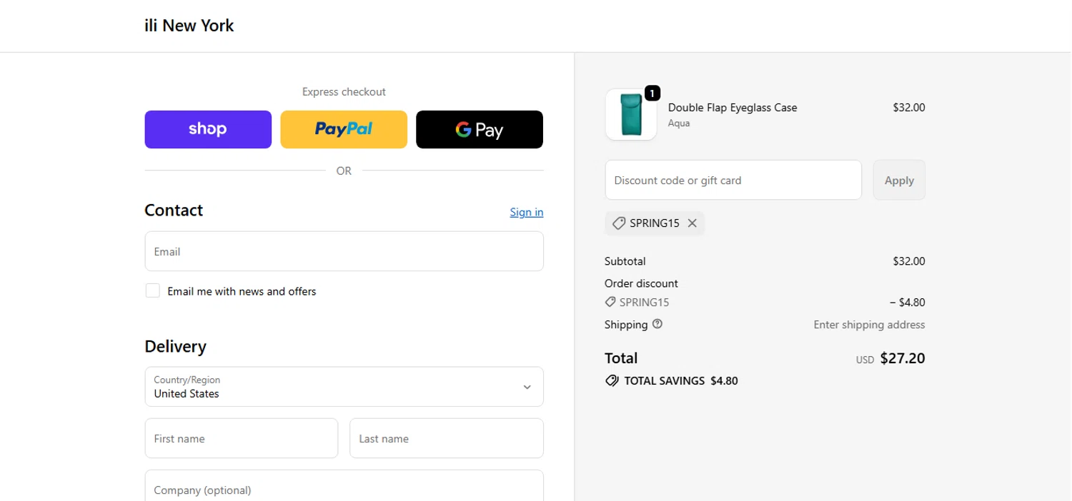 ili New York promo code screenshot showing code SPRING15 applied at ili New York checkout page. Uploaded by SimplyCodes community member MoneyHunter5624 on Nov 17, 2025