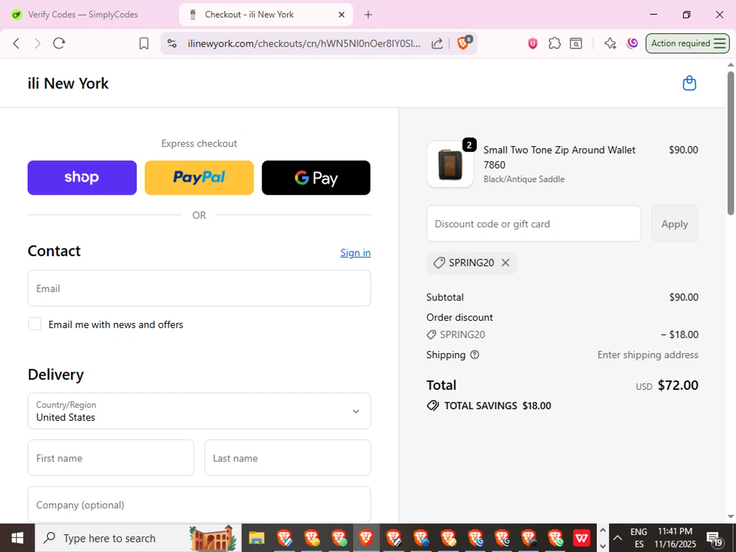 ili New York promo code screenshot showing code Spring20 applied at ili New York checkout page. Uploaded by SimplyCodes community member Joserafa on Nov 17, 2025