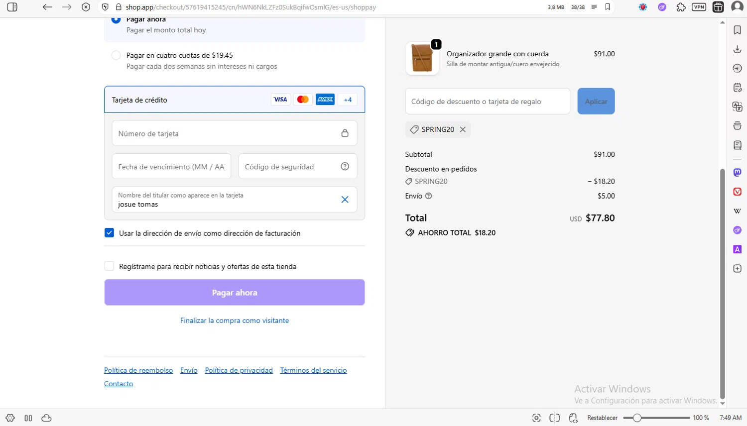 ili New York promo code screenshot showing code Spring20 applied at ili New York checkout page. Uploaded by SimplyCodes community member luissilva2 on Dec 13, 2025
