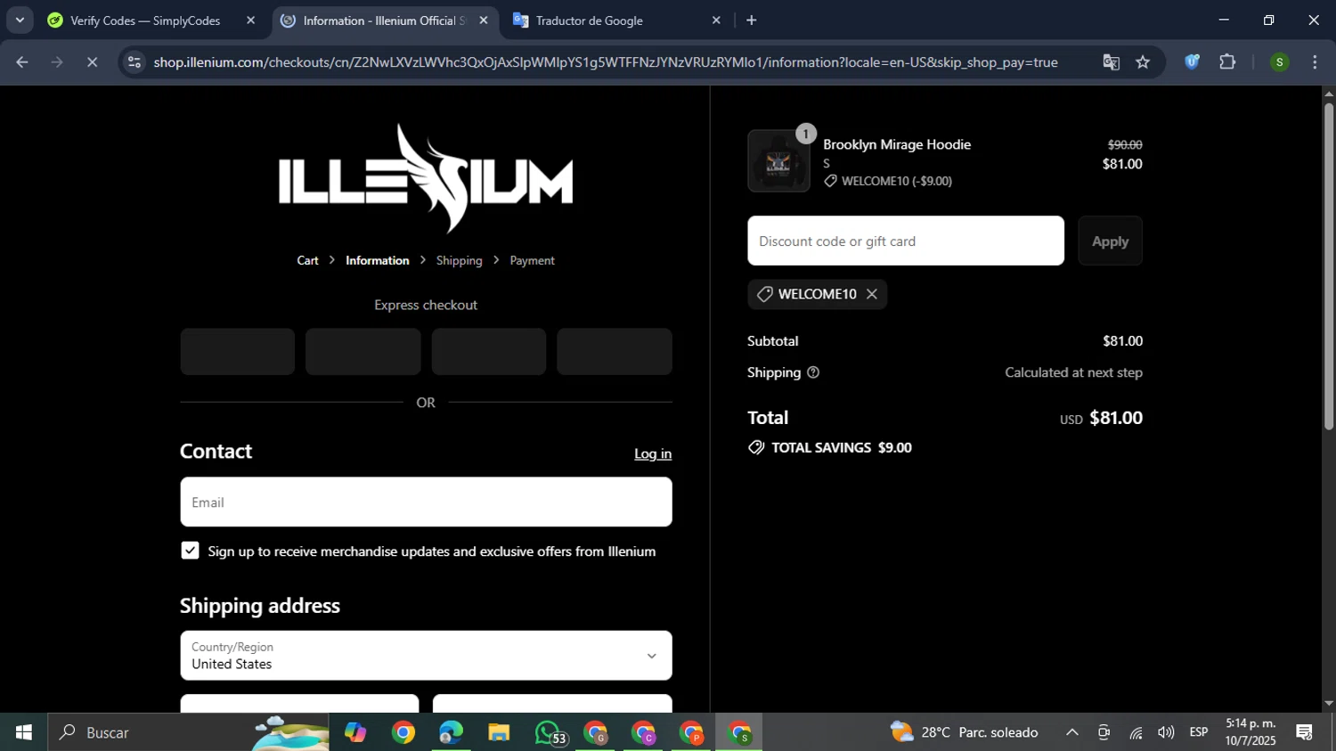 Illenium promo code screenshot showing code WELCOME10 applied at Illenium checkout page. Uploaded by SimplyCodes community member RewardMaverick445 on Jul 10, 2025