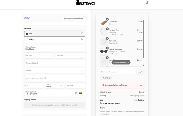 Illesteva checkout page showing Illesteva promo code box | Screenshot taken by SimplyCodes community member on Aug 31, 2025