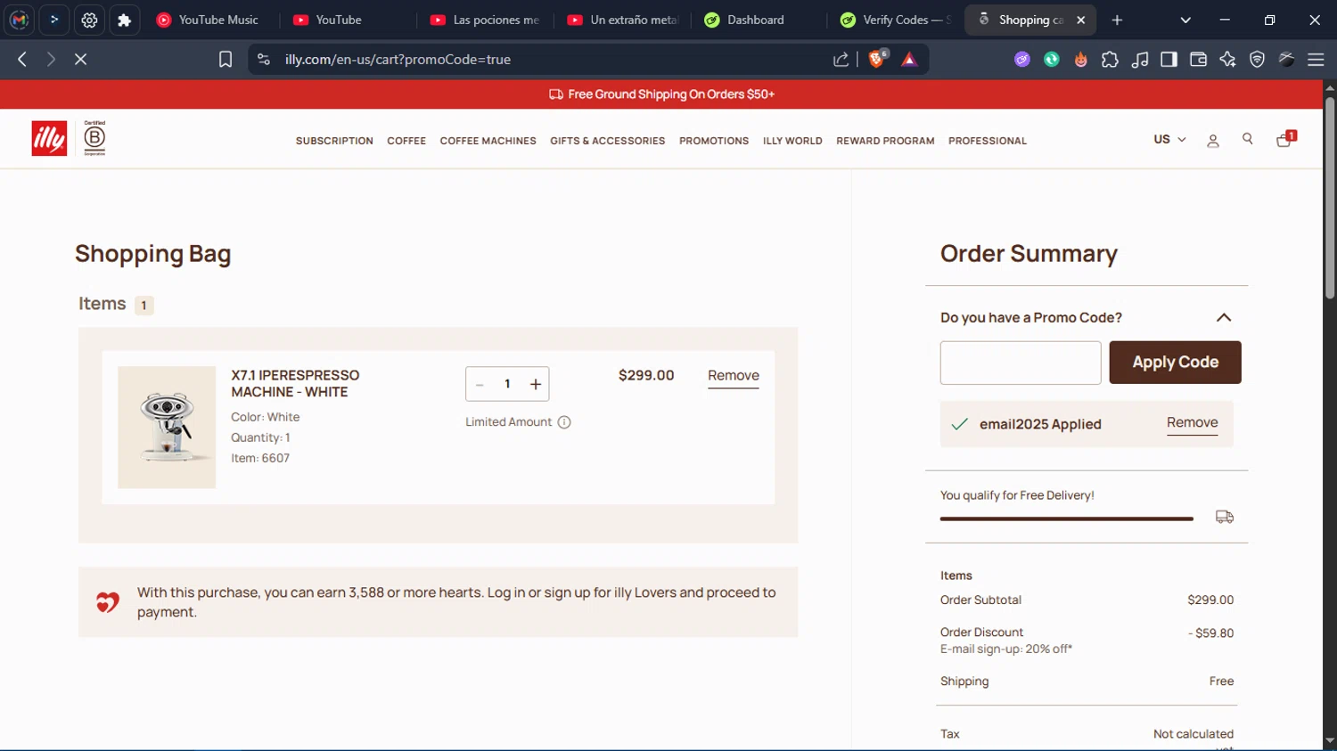 illycaffè promo code screenshot showing code email2025 applied at illycaffè checkout page. Uploaded by SimplyCodes community member Charlote on Jun 15, 2025