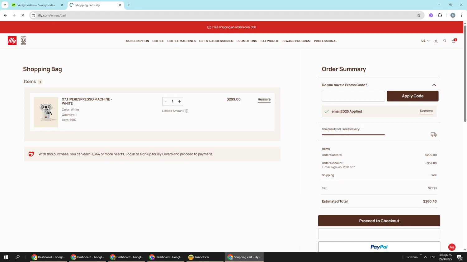 illycaffè promo code screenshot showing code email2025 applied at illycaffè checkout page. Uploaded by SimplyCodes community member Piolin on Sep 29, 2025
