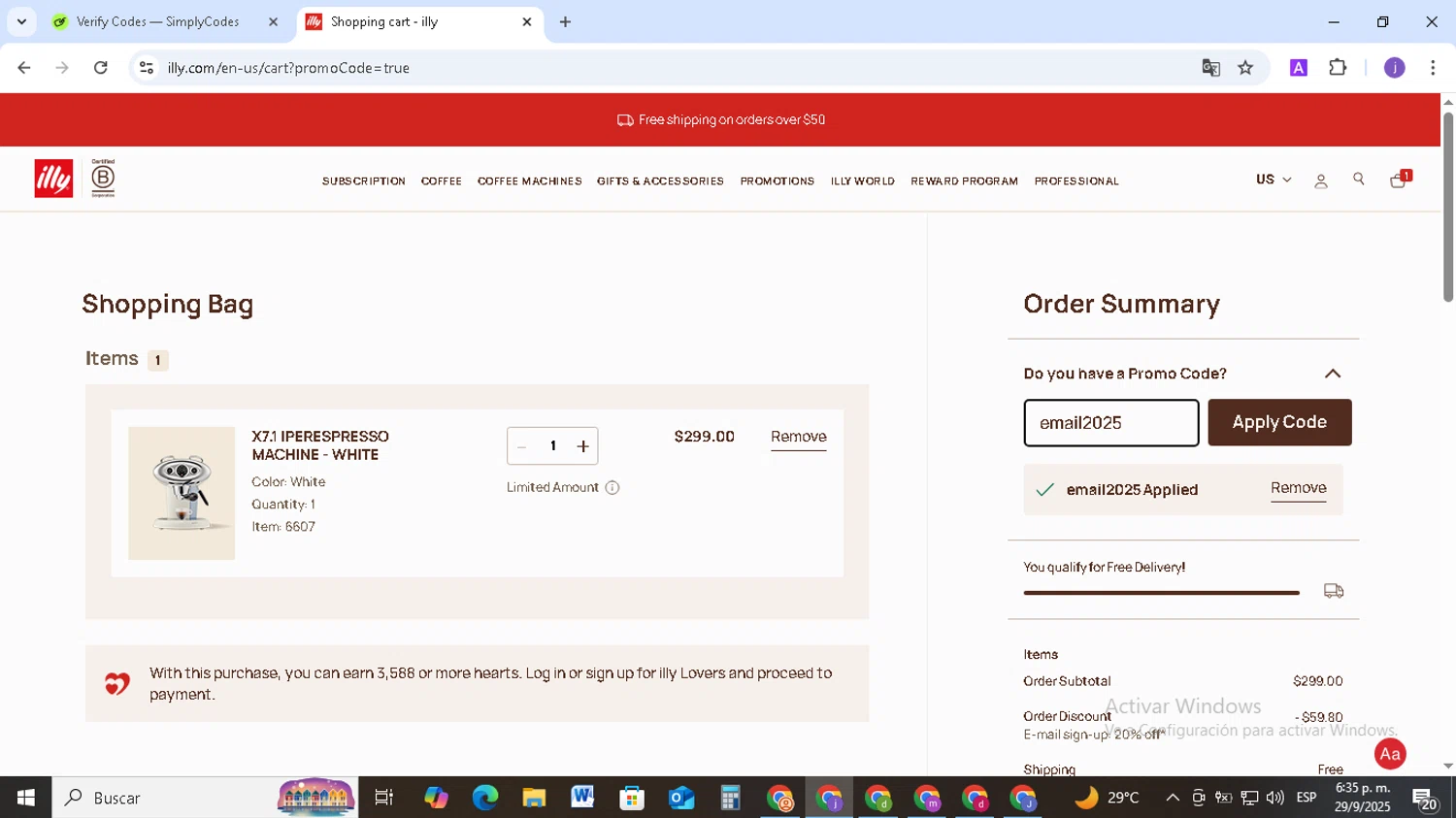 illycaffè promo code screenshot showing code email2025 applied at illycaffè checkout page. Uploaded by SimplyCodes community member TAZ2024 on Sep 29, 2025