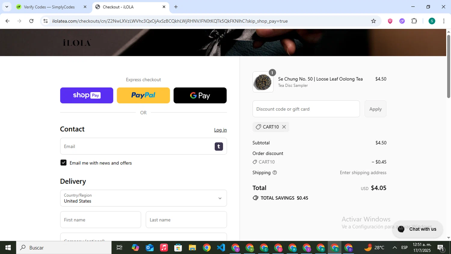 iLOLA Tea promo code screenshot showing code CART10 applied at iLOLA Tea checkout page. Uploaded by SimplyCodes community member VictoriousPilot5281 on Jul 17, 2025