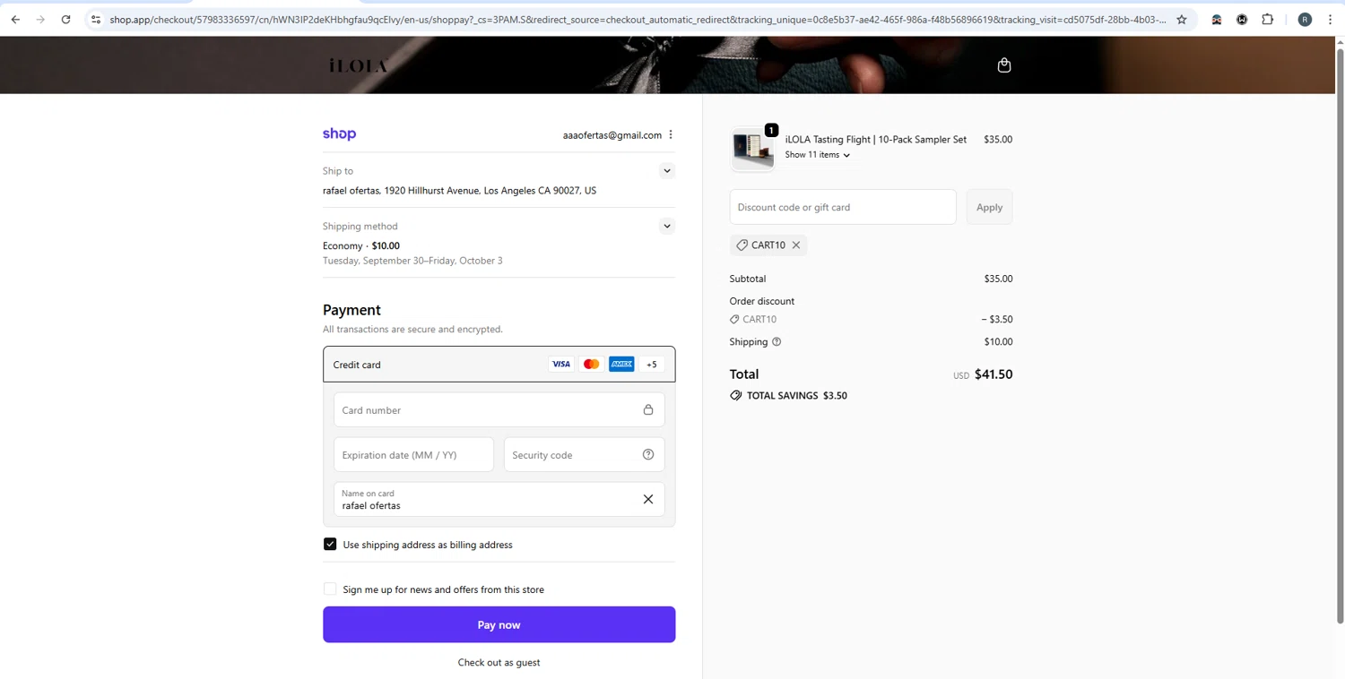 iLOLA Tea promo code screenshot showing code CART10 applied at iLOLA Tea checkout page. Uploaded by SimplyCodes community member rafaelmarquez on Sep 23, 2025