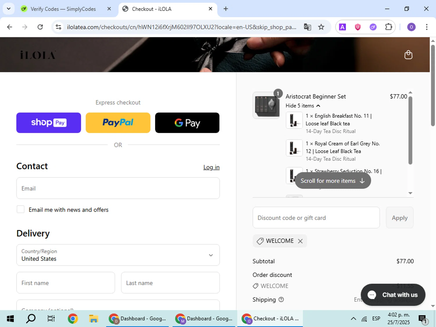 iLOLA Tea promo code screenshot showing code welcome applied at iLOLA Tea checkout page. Uploaded by SimplyCodes community member BudgetHawk9503 on Jul 25, 2025