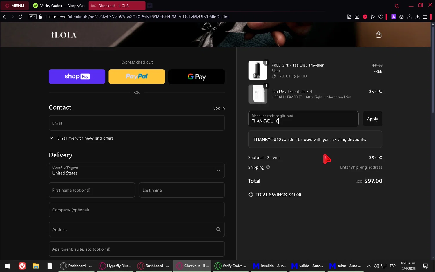 iLOLA Tea promo code screenshot showing code THANKYOU10 applied at iLOLA Tea checkout page. Uploaded by SimplyCodes community member bellota on Apr 2, 2025