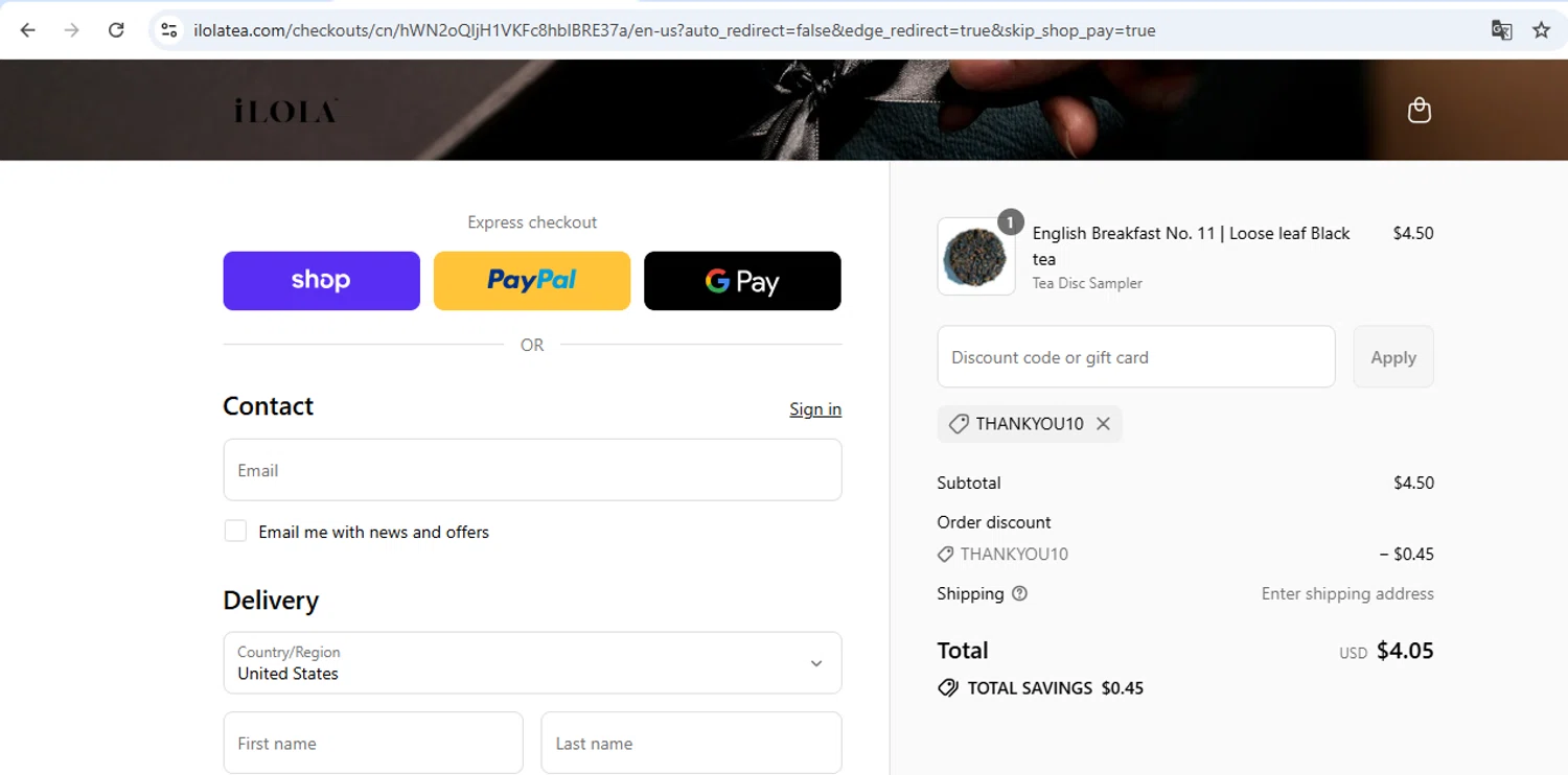 iLOLA Tea promo code screenshot showing code THANKYOU10 applied at iLOLA Tea checkout page. Uploaded by SimplyCodes community member carol_lameda on Sep 10, 2025