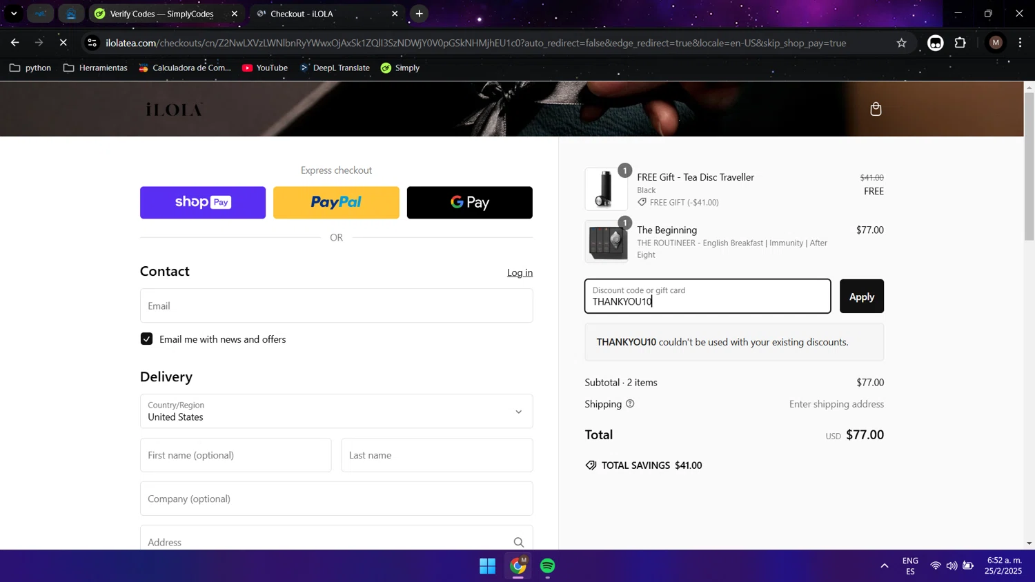 iLOLA Tea promo code screenshot showing code THANKYOU10 applied at iLOLA Tea checkout page. Uploaded by SimplyCodes community member Maocar on Feb 25, 2025