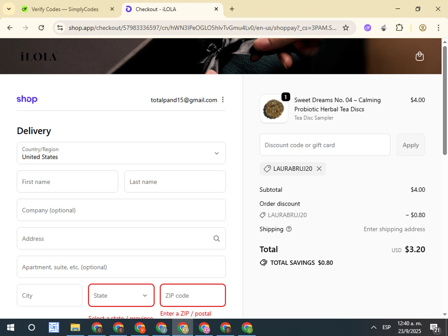 iLOLA Tea promo code screenshot showing code LAURABRUJ20 applied at iLOLA Tea checkout page. Uploaded by SimplyCodes community member VictorL on Sep 23, 2025