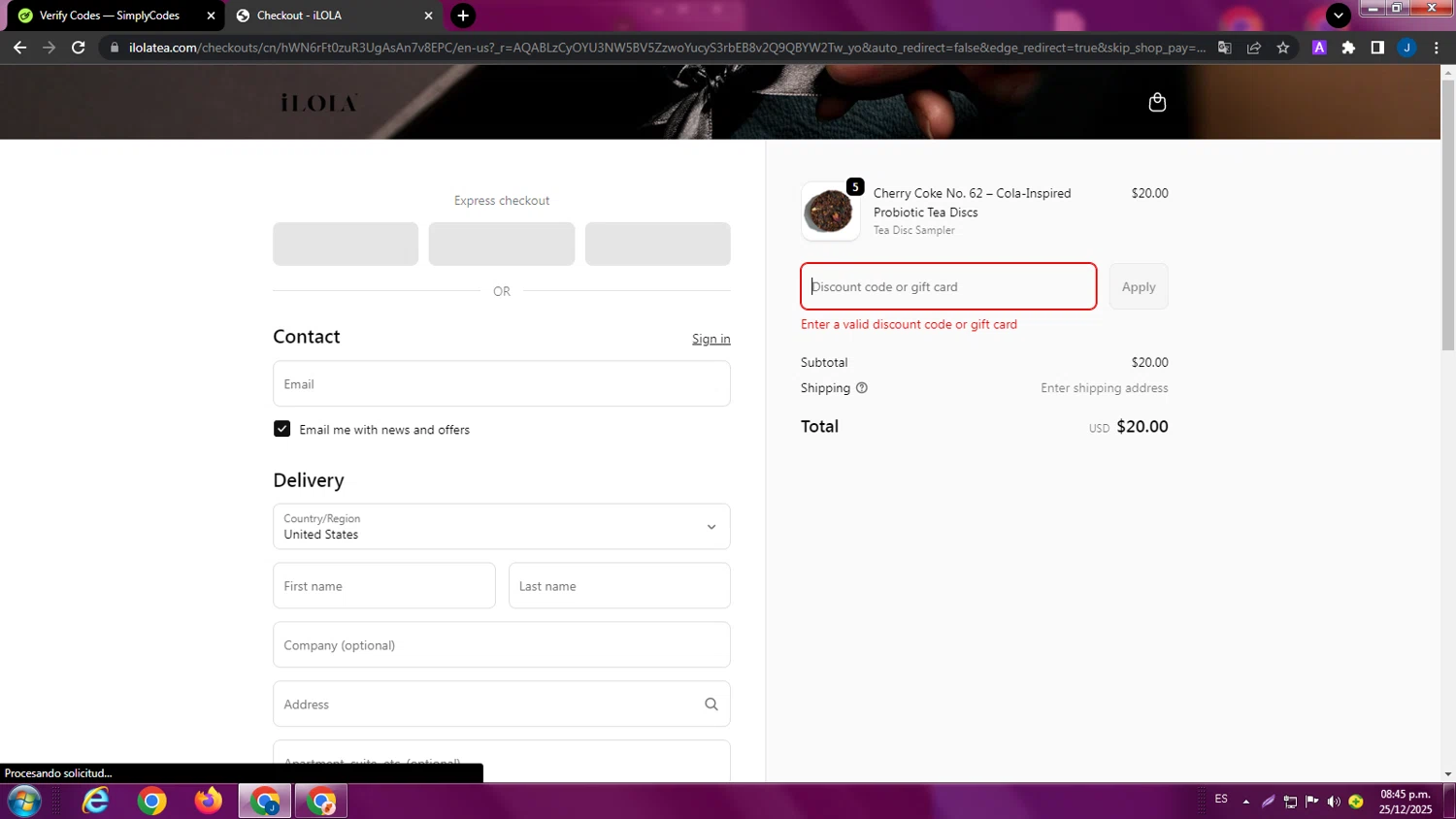 iLOLA Tea promo code screenshot showing code holiday10 applied at iLOLA Tea checkout page. Uploaded by SimplyCodes community member ExtraordinaryPhoenix9295 on Dec 26, 2025