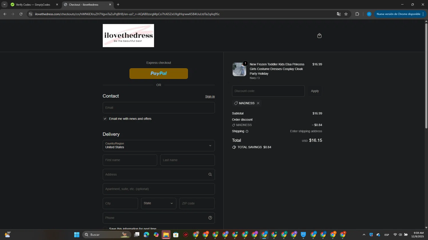 I Love The Dress discount code screenshot showing code MADNESS applied at I Love The Dress checkout page. Uploaded by SimplyCodes community member CouponPhoenix3444 on Dec 9, 2025