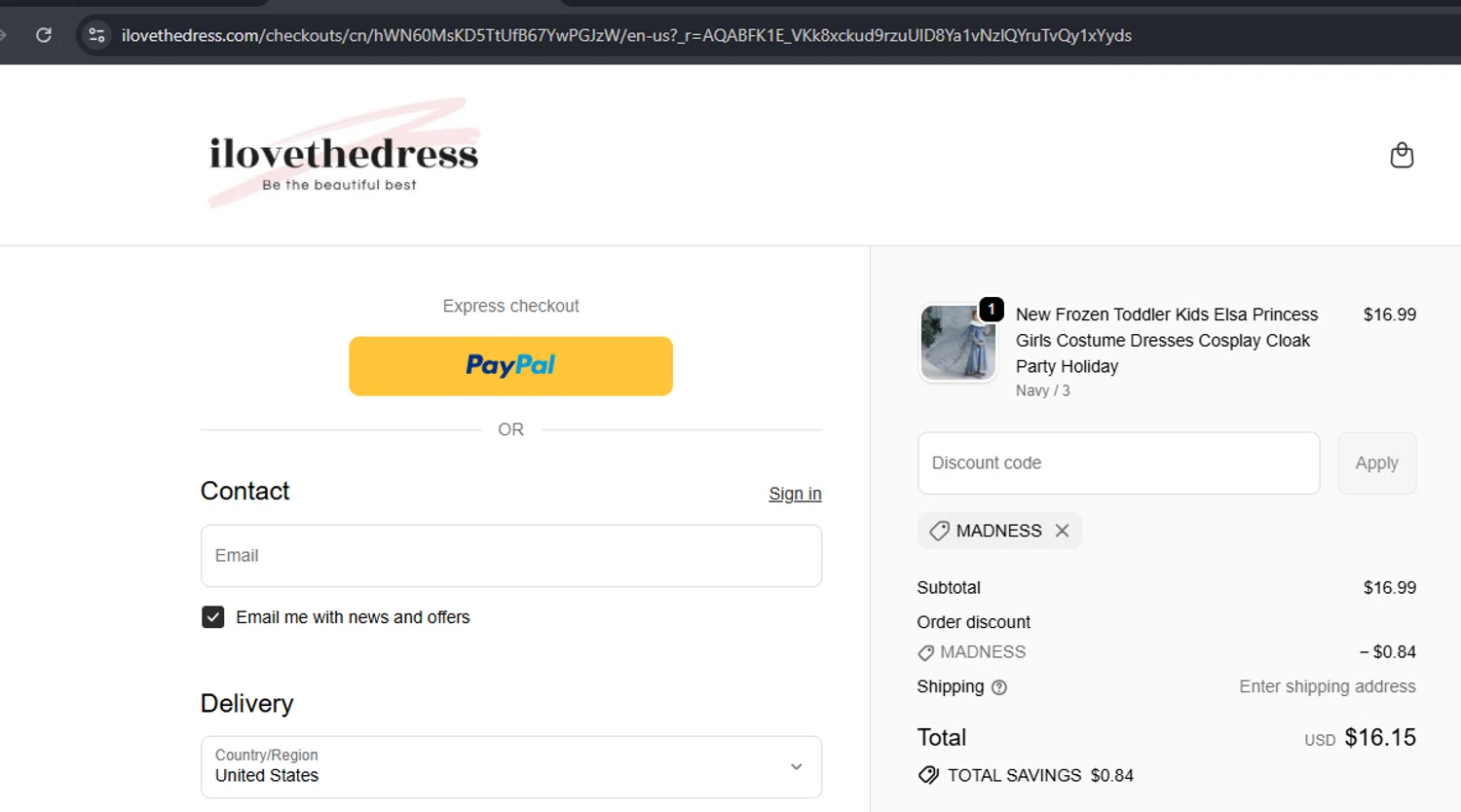 I Love The Dress discount code screenshot showing code MADNESS applied at I Love The Dress checkout page. Uploaded by SimplyCodes community member Mulan5674851292422 on Dec 3, 2025