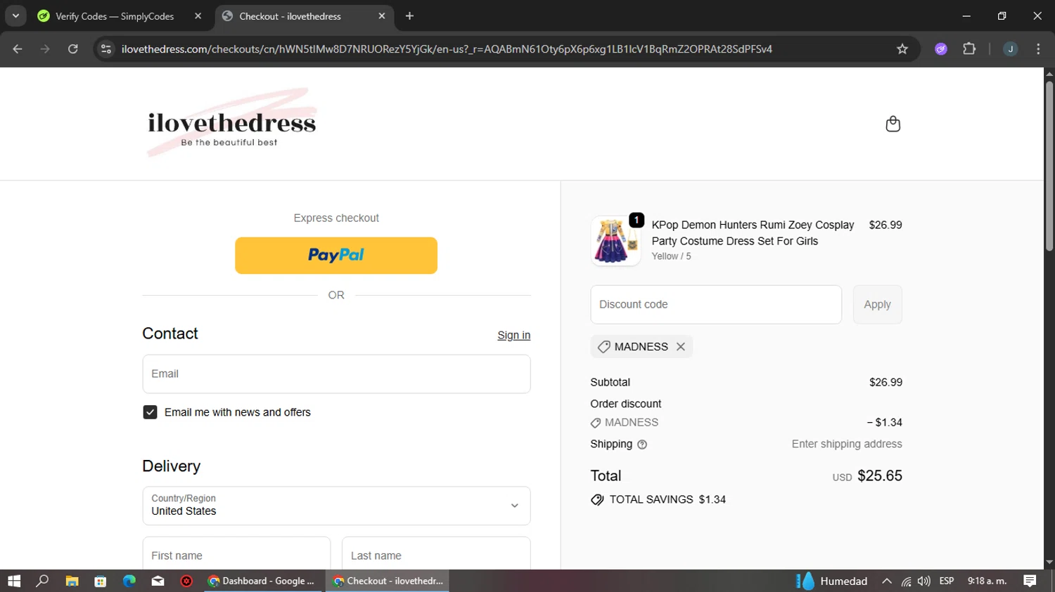 I Love The Dress discount code screenshot showing code MADNESS applied at I Love The Dress checkout page. Uploaded by SimplyCodes community member TEAMSimplyCodes on Nov 30, 2025