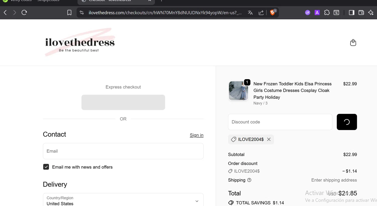 I Love The Dress discount code screenshot showing code Ilove2004$ applied at I Love The Dress checkout page. Uploaded by SimplyCodes community member CashElite5536 on Dec 29, 2025