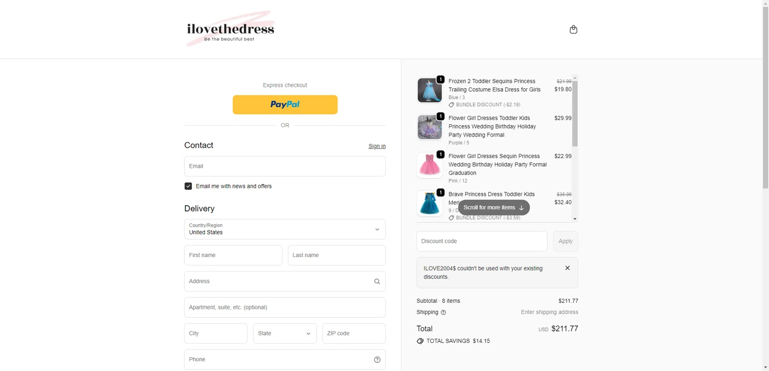 I Love The Dress discount code screenshot showing code Ilove2004$ applied at I Love The Dress checkout page. Uploaded by SimplyCodes community member CrownTiger6508 on Dec 29, 2025