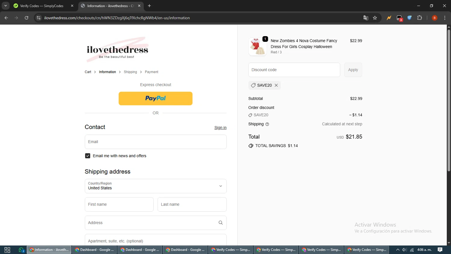 I Love The Dress discount code screenshot showing code SAVE20 applied at I Love The Dress checkout page. Uploaded by SimplyCodes community member BrilliantLynx7174 on Sep 30, 2025