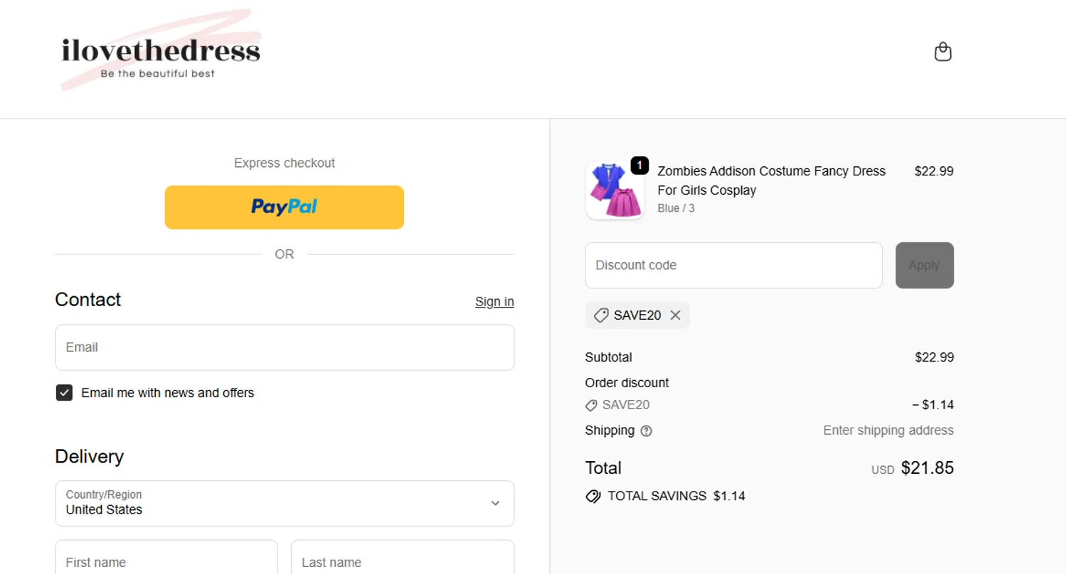 I Love The Dress discount code screenshot showing code SAVE20 applied at I Love The Dress checkout page. Uploaded by SimplyCodes community member GoldPilot8897 on Oct 28, 2025