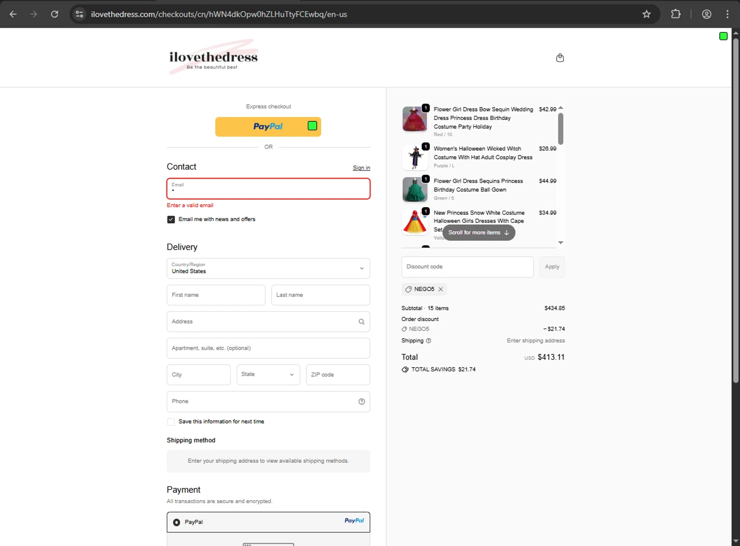 I Love The Dress discount code screenshot showing code NEGO5 applied at I Love The Dress checkout page. Uploaded by SimplyCodes community member MAHORAGA on Oct 28, 2025