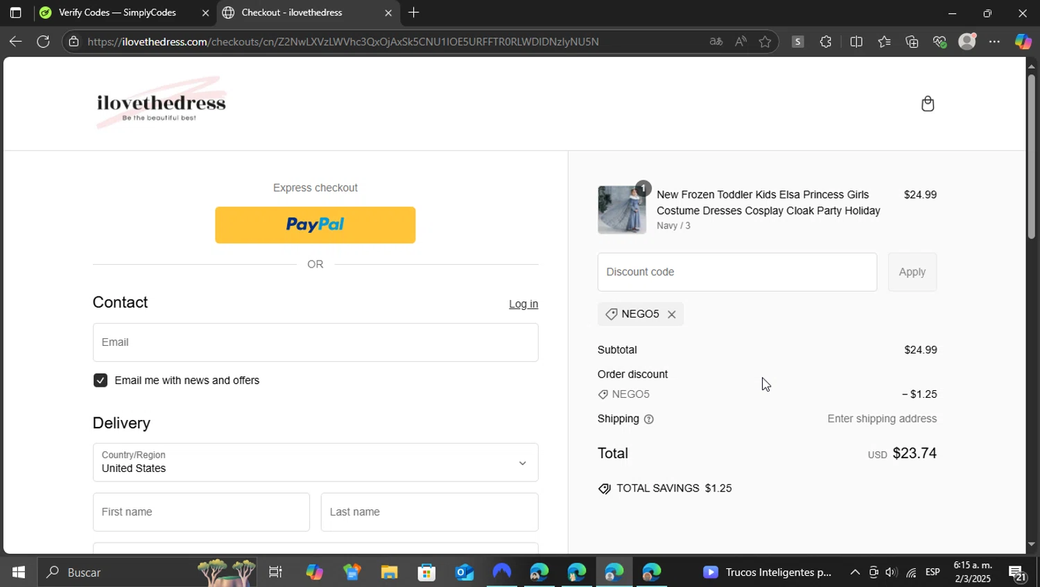 I Love The Dress discount code screenshot showing code NEGO5 applied at I Love The Dress checkout page. Uploaded by SimplyCodes community member vasijadeaceite on Mar 2, 2025