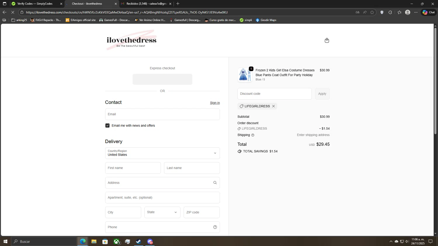 I Love The Dress discount code screenshot showing code LIFEGIRLDRESS applied at I Love The Dress checkout page. Uploaded by SimplyCodes community member CoinLegend5168 on Nov 24, 2025