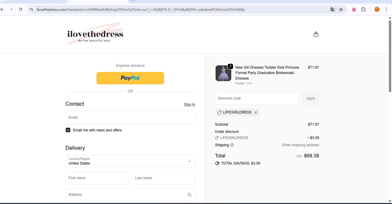 I Love The Dress discount code screenshot showing code LIFEGIRLDRESS applied at I Love The Dress checkout page. Uploaded by SimplyCodes community member ingri96 on Dec 2, 2025
