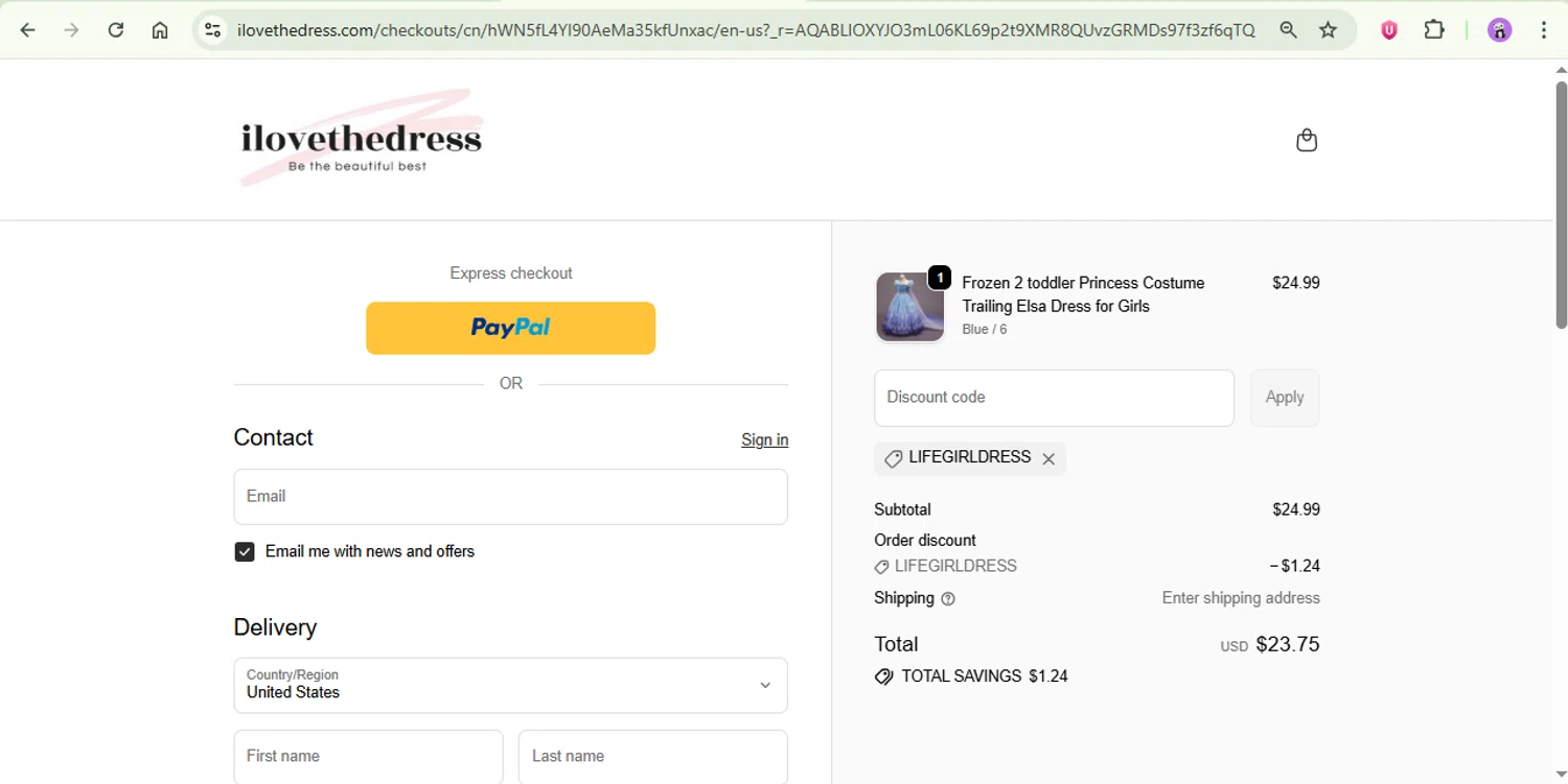 I Love The Dress discount code screenshot showing code LIFEGIRLDRESS applied at I Love The Dress checkout page. Uploaded by SimplyCodes community member rapc3030 on Nov 24, 2025