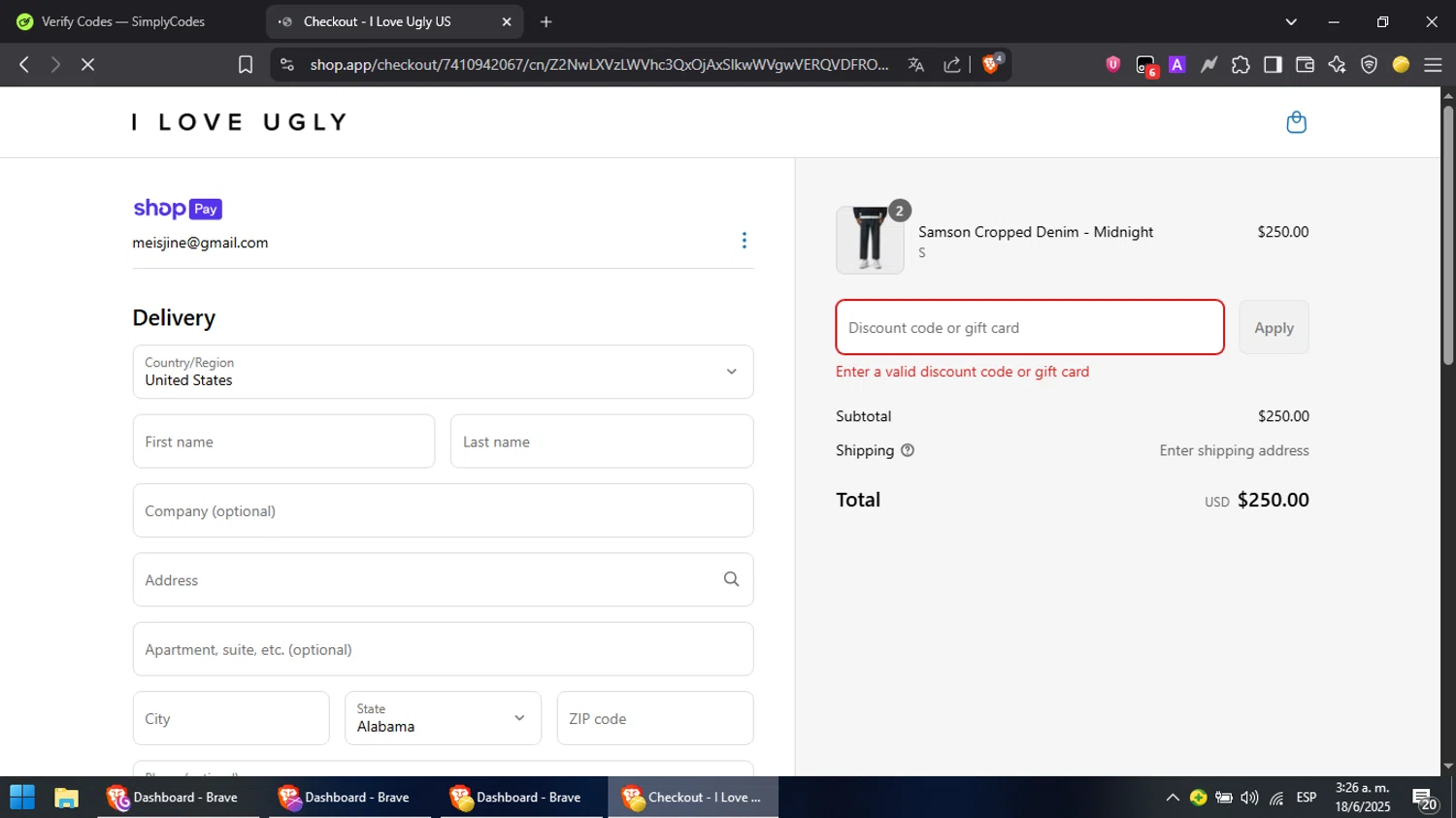 I Love Ugly discount code screenshot showing code PPHV15 applied at I Love Ugly checkout page. Uploaded by SimplyCodes community member PromoScout8746 on Jun 18, 2025