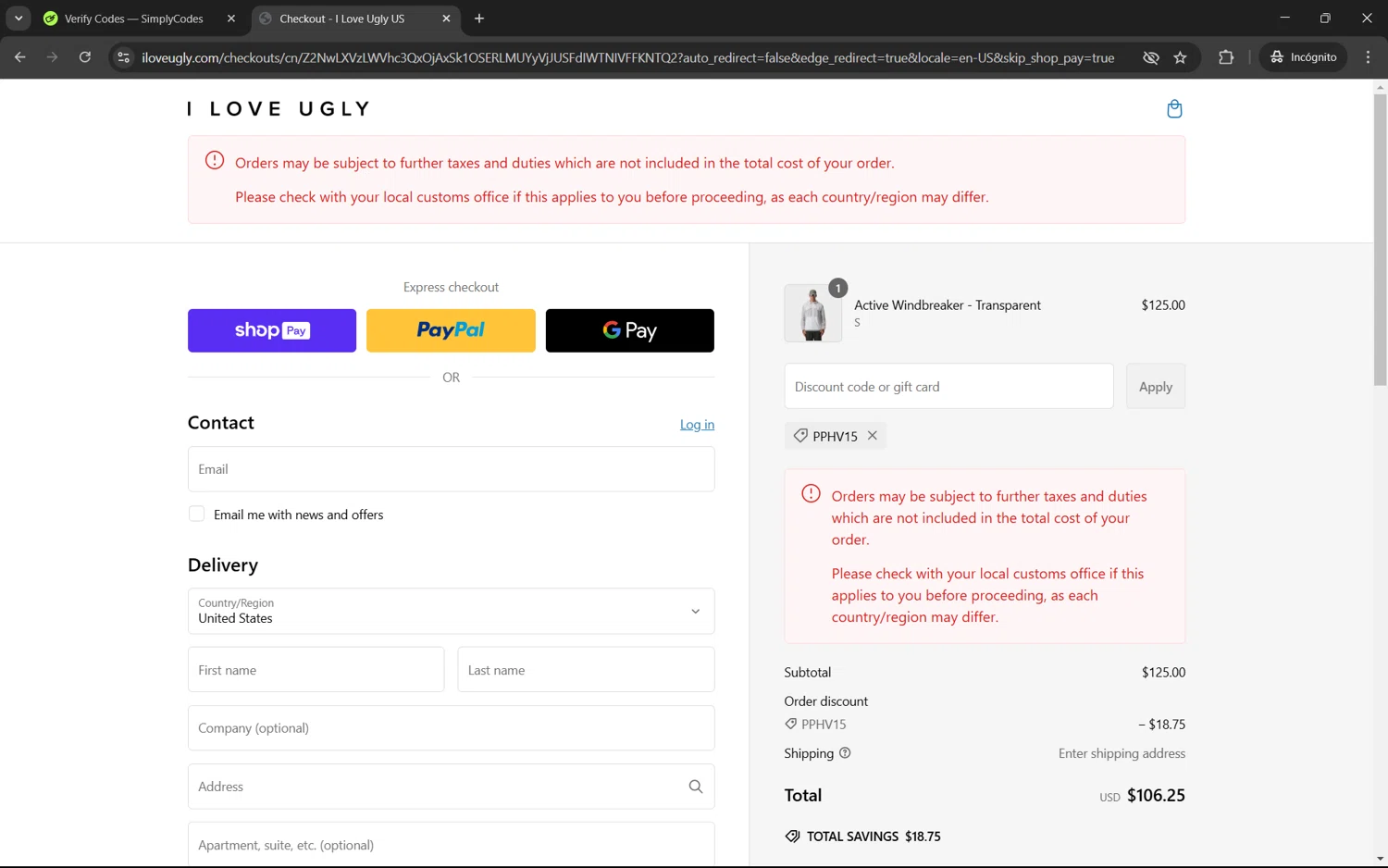 I Love Ugly discount code screenshot showing code PPHV15 applied at I Love Ugly checkout page. Uploaded by SimplyCodes community member juan1702 on Feb 22, 2025