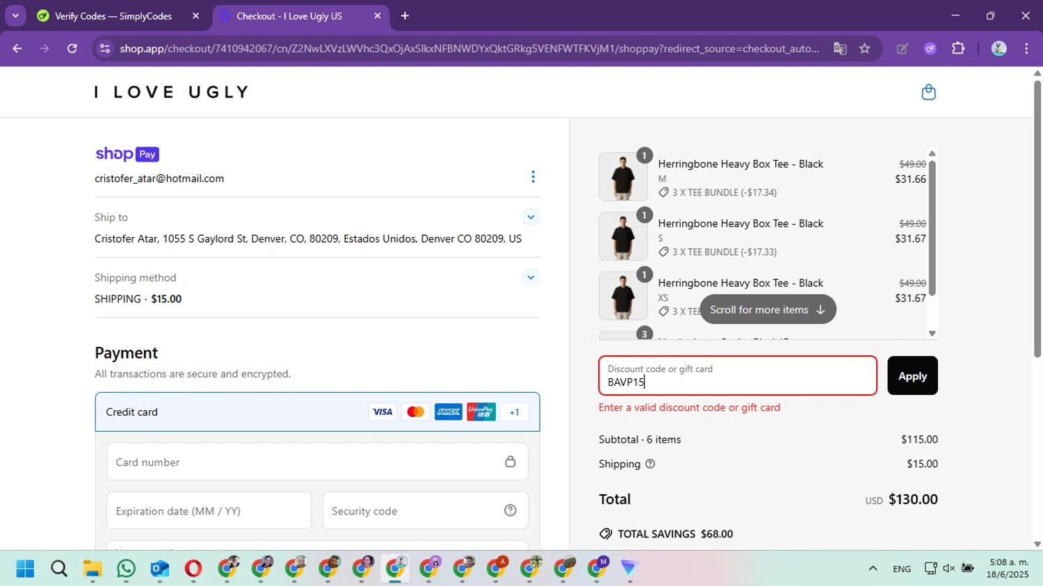 I Love Ugly discount code screenshot showing code BAVP15 applied at I Love Ugly checkout page. Uploaded by SimplyCodes community member Marielis on Jun 18, 2025