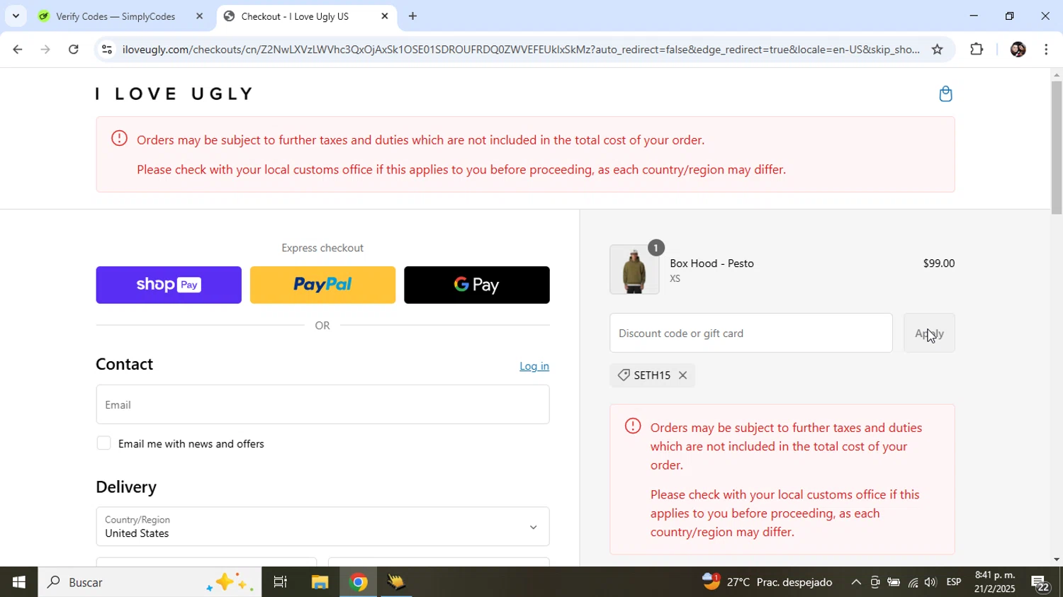 I Love Ugly discount code screenshot showing code SETH15 applied at I Love Ugly checkout page. Uploaded by SimplyCodes community member Junniorduno on Feb 22, 2025