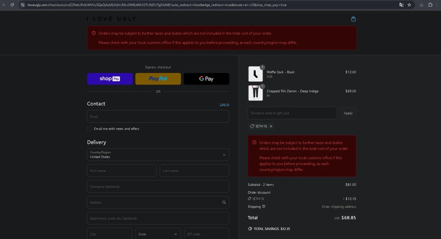 I Love Ugly discount code screenshot showing code SETH15 applied at I Love Ugly checkout page. Uploaded by SimplyCodes community member SavingsCurator5849 on Mar 24, 2025