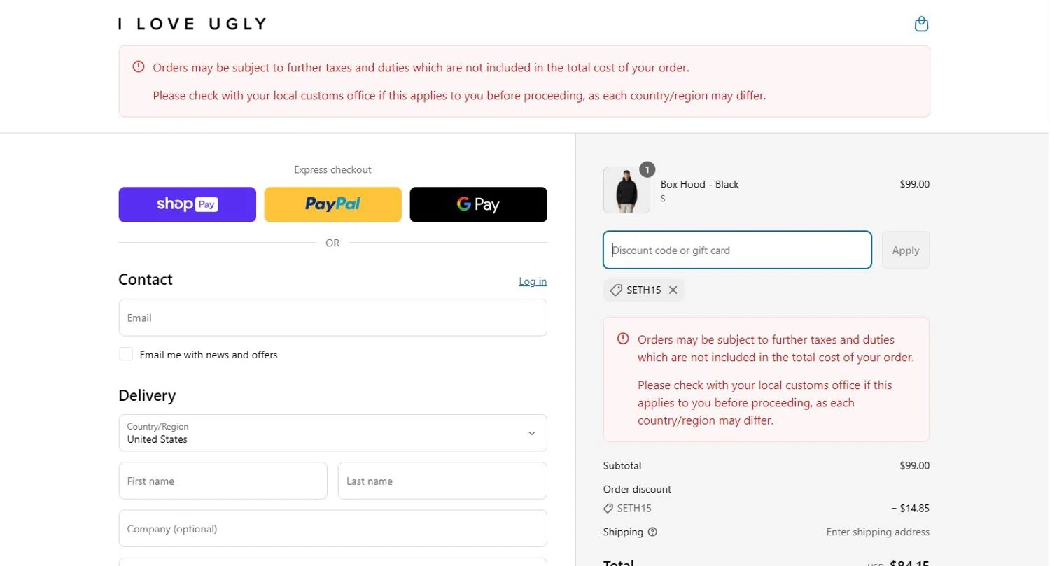 I Love Ugly discount code screenshot showing code SETH15 applied at I Love Ugly checkout page. Uploaded by SimplyCodes community member TOTONEROFL on Mar 24, 2025