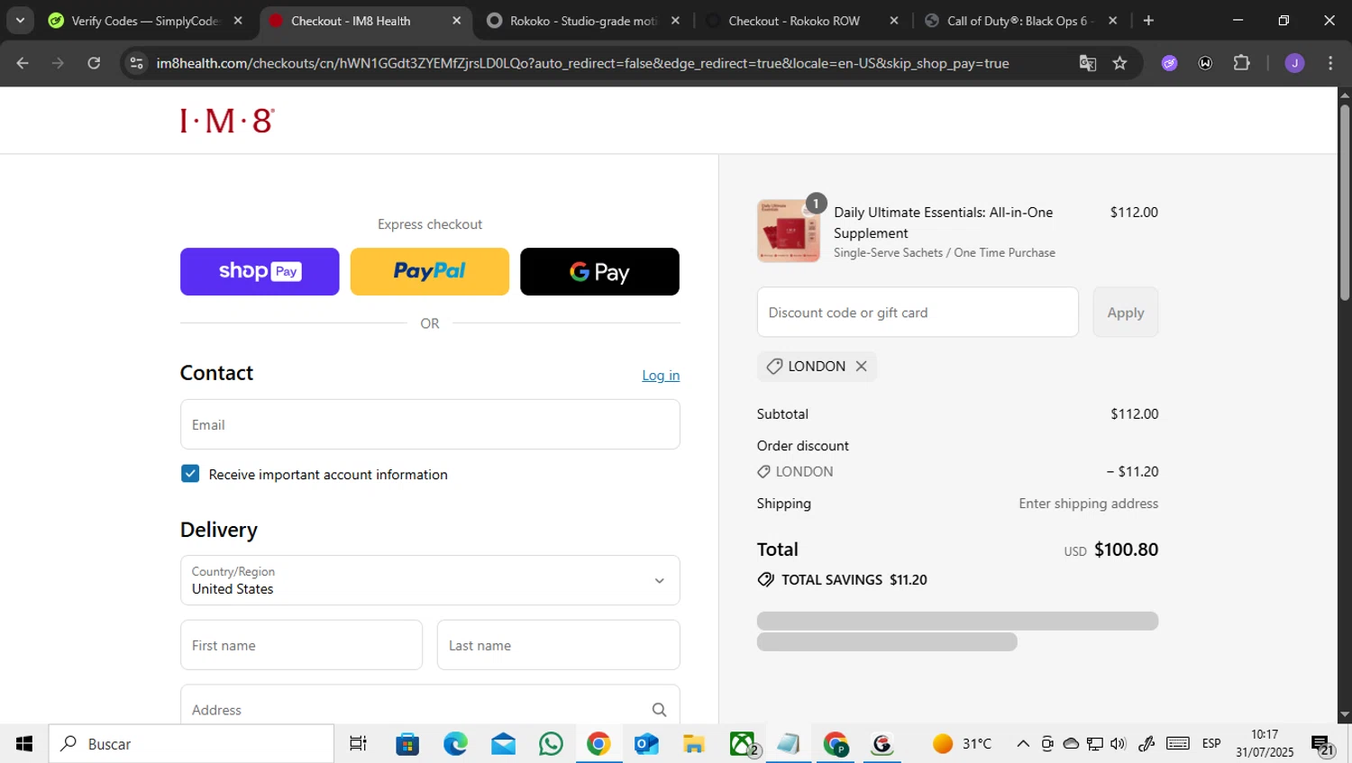 IM8 Health discount code screenshot showing code LONDON applied at IM8 Health checkout page. Uploaded by SimplyCodes community member ENCARAMESSI on Jul 31, 2025