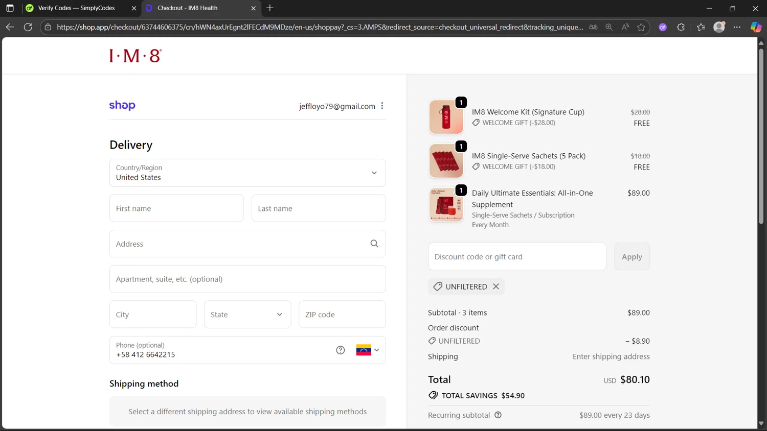 IM8 Health discount code screenshot showing code UNFILTERED applied at IM8 Health checkout page. Uploaded by SimplyCodes community member Morticia on Oct 27, 2025