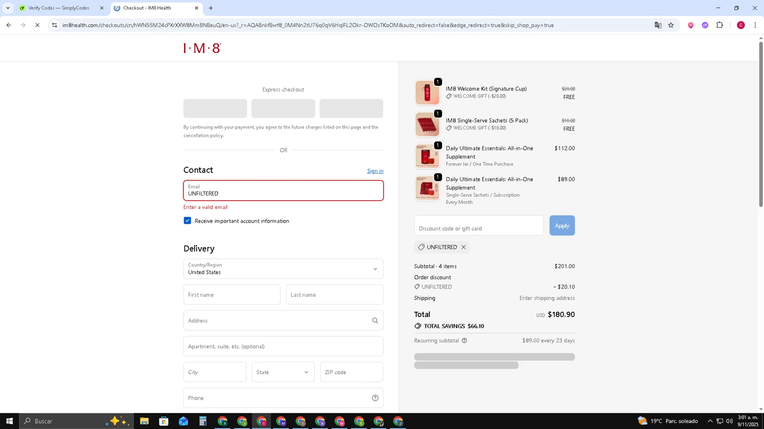 IM8 Health discount code screenshot showing code UNFILTERED applied at IM8 Health checkout page. Uploaded by SimplyCodes community member TOROREX250 on Nov 9, 2025