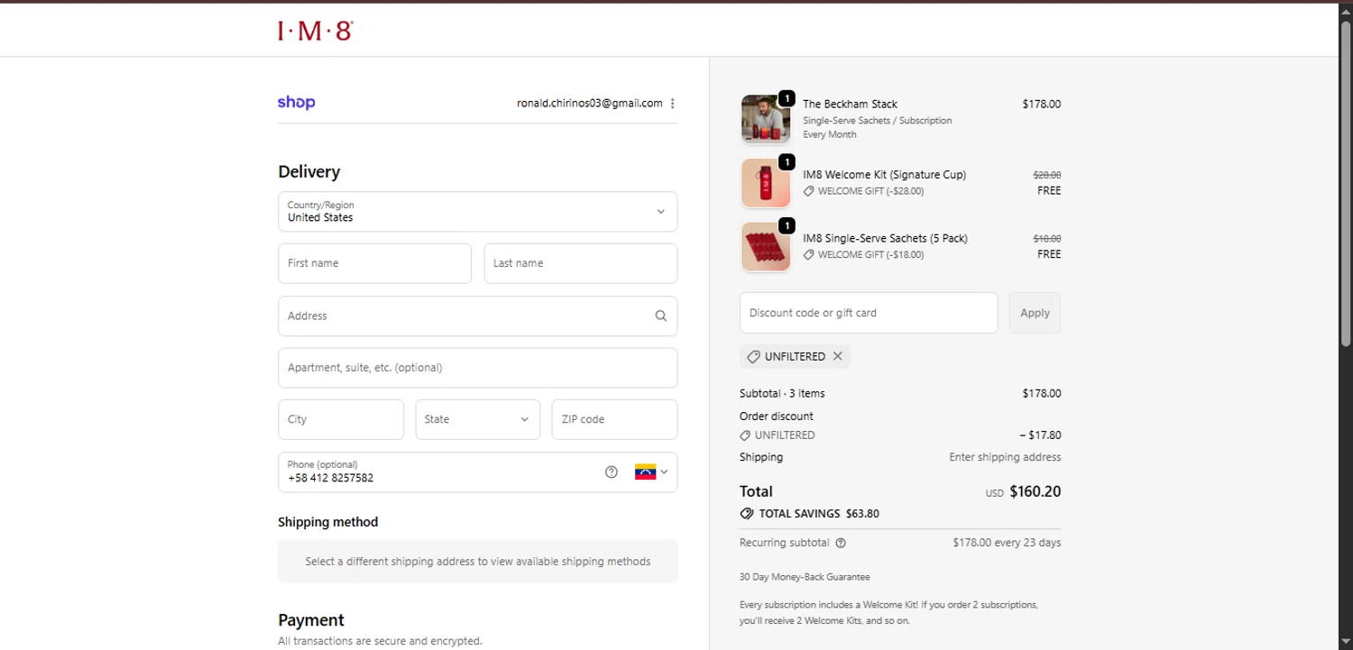 IM8 Health discount code screenshot showing code UNFILTERED applied at IM8 Health checkout page. Uploaded by SimplyCodes community member alpha007 on Nov 14, 2025