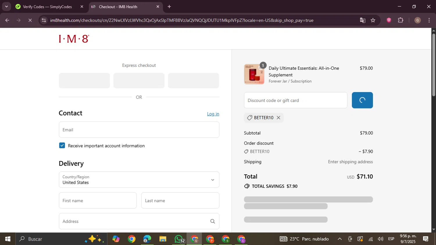 IM8 Health discount code screenshot showing code BETTER10 applied at IM8 Health checkout page. Uploaded by SimplyCodes community member BrilliantTracker4207 on Jul 10, 2025